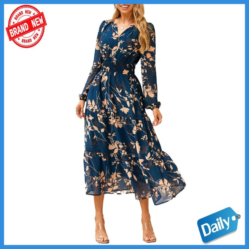 Long Sleeve Maxi Dress V Neck Empire Waist Flowy Formal Wedding Guest